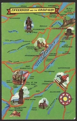 Inverness & The Great Glen Map Card.  Vintage Colour Map Postcard