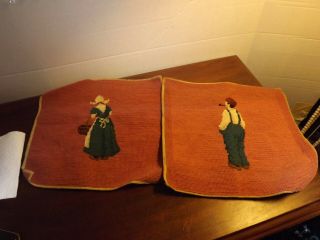 2 Vintage Finished Needlepoint Pillow Top/chair Seat Covers Dutch Man & Woman