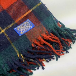 Vintage Pendleton Plaid Blanket Fringe Wool Red Green Navy 4ft 6in X 5ft 9in