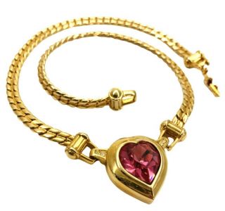 Vtg Swarovski Sal Signed Pink Heart Crystal Gold Chain Necklace Designer - 5