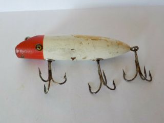Vintage Red & White Wood Fishing Lure With Glass Eyes