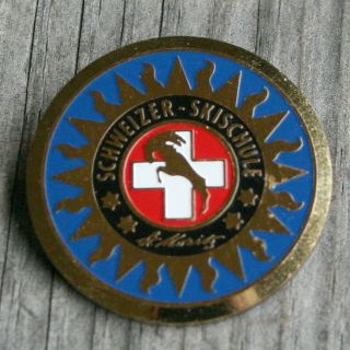 Vintage St Moritz Swiss Ski School Pin Switzerland Souvenir Travel Badge