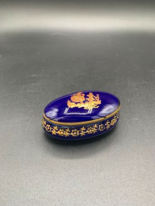 Vintage Limoges France Trinket Box Oval Shaped Royal Blue Gold Marked On Bottom