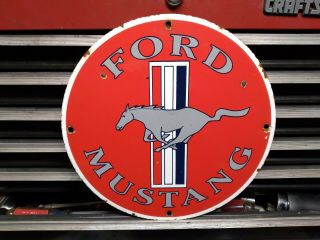 Vintage Ford Mustang Porcelain Metal Sign Dealership Sales Service Station