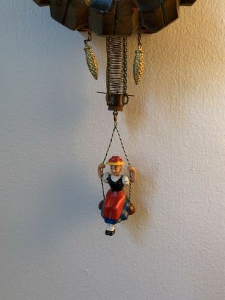 Vintage Colorful Small Cuckoo Clock by MFG.  CO.  INC.  German Woman On Swing & Key 3