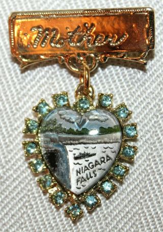Vintage Niagara Falls Souvenir Mother Heart Shaped Bar Pin Blue Rhinestones