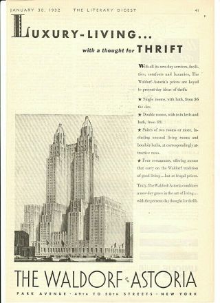 Vintage 1932 The Waldorf - Astoria Luxury Hotel Art Deco Advertisement