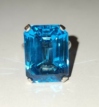 Huge Vintage Art Deco Sterling Silver Emerald Cut London Blue Topaz Ring Sz 5
