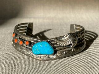 Vintage Navajo Tom Willet Blue Turquoise And Coral Bracelet