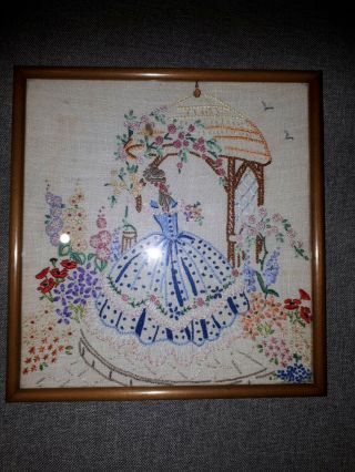 Vintage Framed Embroidered Picture Of Lady In Crinoline