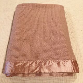 Vintage Waffle Weave Wool Blend Thermal Blanket Satin Trim Pink 92 X 62 Twin Usa