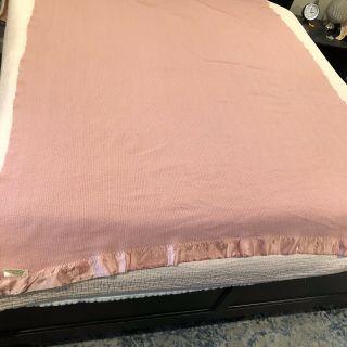 Vintage Waffle Weave Wool Blend Thermal Blanket Satin Trim Pink 92 X 62 Twin USA 2