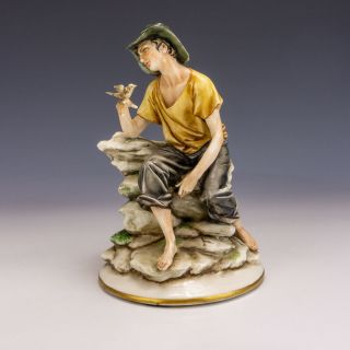 Vintage Naples Capodimonte Porcelain - Boy With A Bird Figurine