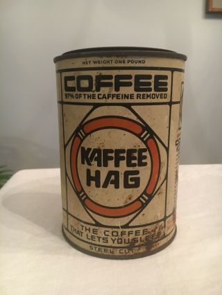 Vintage Kaffee Hag 1 Lb Steel Cut Coffee Tin Litho Can Kellogg Battle Creek Mich