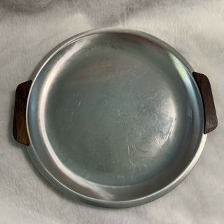 Vintage Round Metal Serving Tray Platter With Wood Handles