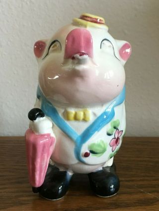 Vintage Hand - Painted Ceramic Pig Piggy Bank With Pink Umbrella & Floral Jacket