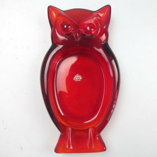 Vintage Viking Glass Red Owl Ashtray Large Heavy Mcm