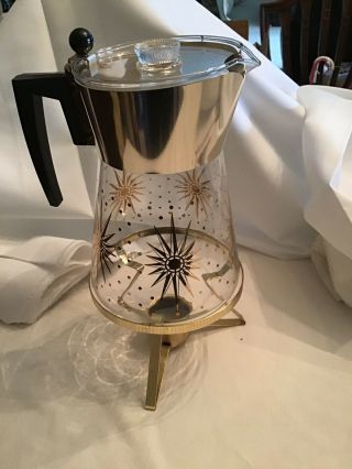 Vintage Douglas Flameproof Glass Gold Leaf Coffee Tea Pot Carafe W Warming Stand