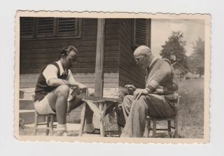 63163/ Vintage 40s Photo Two Men Play Backgammon In Yard
