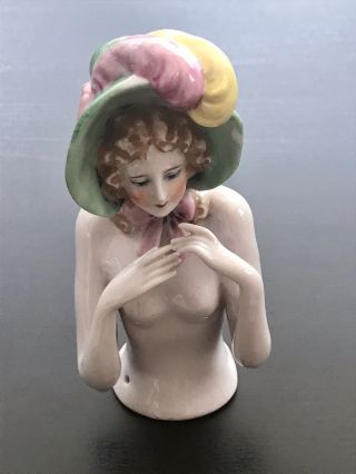 Vintage Large Art Deco German Porcelain Pin Cushion Nude Half Doll Green Bonnet