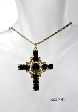 Vintage Czech Crystal Rhinestone Cross Pendant Necklace