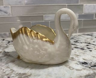 Vintage Paddle Foot Swan Planter Trinket Dish Bowl With Gold Trim