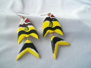 Vintage Large Hand Painted Wood Tropical Fish Articulated Pierced Earrings