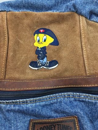 Vintage Looney Tunes Tweety Bird Denim Leather Backpack Bag 16” X 14” B35