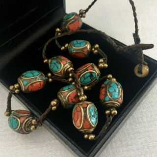 Vintage Tibetan Necklace Turquoise & Coral Chip Beaded Ethnic Tribal Bohemian