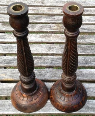 Vintage Pair Hand Carved Wooden Pillar Church Candle Holder Sticks 35cm Brass