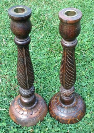 Vintage Pair Hand Carved Wooden Pillar Church Candle Holder Sticks 35cm Brass 2