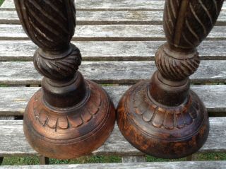 Vintage Pair Hand Carved Wooden Pillar Church Candle Holder Sticks 35cm Brass 3