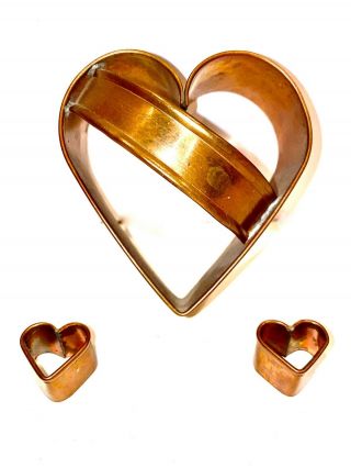 Vintage Copper Cookie Cutter Heart Shape W Handle And 2 Small Hearts 3 Pce