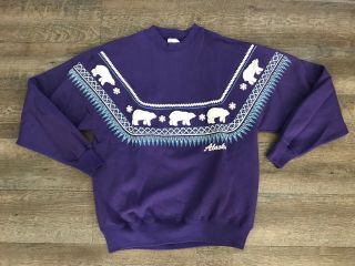 Vintage Hanes Alaska Polar Bear Sweatshirt Purple Size Large Vaporwave Souvenir