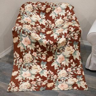 Vintage Barkcloth Drapery Panel Roses Floral On Brown Faille Drape 1940s