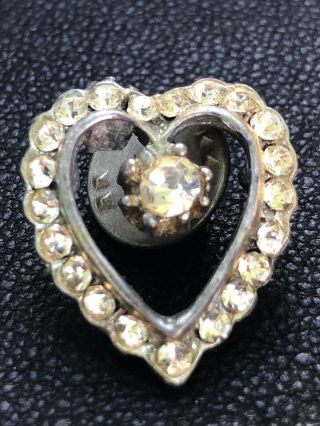 Antique Vintage Rare Art Deco Clear Rhinestone Pot Metal Heart Tack Pin