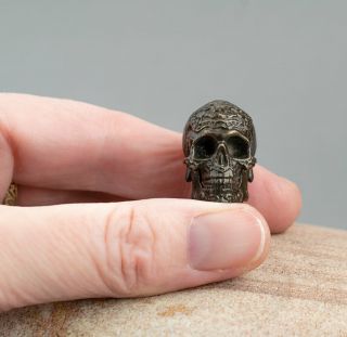 Small Vintage Solid Bronze Miniature Skull With Celtic/art Nouveau Scrolling