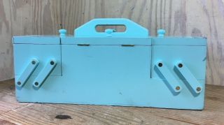 Vintage Distressed Wood Accordian Fold Out Sewing Craft Box Light Blue