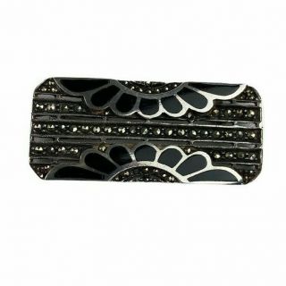 Vintage 1930s Art Deco 925 Sterling Silver Marcasite Inlaid Onyx Brooch Pin