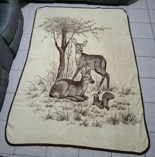 Vintage San Marcos Blanket Deer Squirrel Reversible 94 X 66 Throw Wildlife Brown