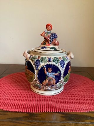 Vintage Gerz German Stoneware Punch Bowl W/lid Figural Grape Castles