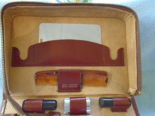 Men ' s Grooming Kit Antique Tan Leather Vintage 1940s Chrome Plated 3