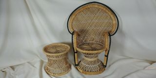 Vintage (doll Size) Wicker/rattan Peacock Fan Back Chair W/ottoman