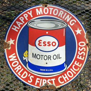 Vintage Esso Porcelain Sign Made In Usa Oil Drop Boy Gas Station Pump Petroliana