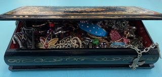 Small Lacquer Box Full Of Treasure Vintage - Now Costume Jewelry Wearable Or Craft