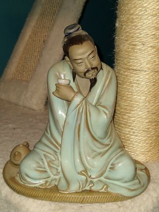 Vintage Chinese Shiwan Mudman Figurine Of Writer Poet Seated Man Drinking Tea