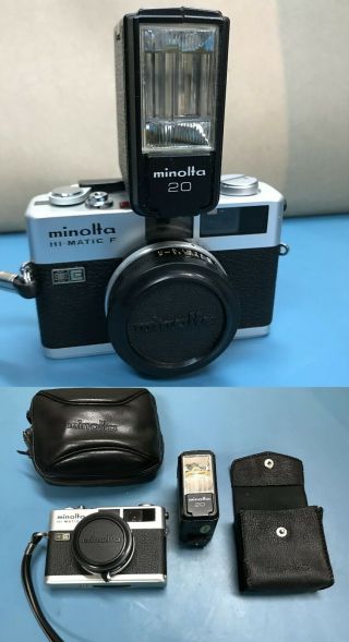 Vintage Minolta Hi - Matic F 35mm Film Camera Rokkor 38mm With Flash & Case