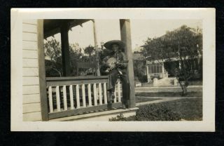 Vintage Photo Young Boy Dressed As Cowboy Plays Banjo On Front Porch Rail 1940 