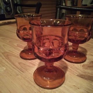 Vintage Indiana Glass Kings Crown Wine Goblets Amber Thumbprint 6 " 8oz Set Of 3