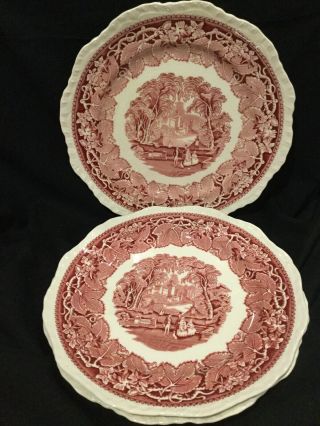 Set Of 3 Vintage Masons Red Vista Large Dinner Plates E3